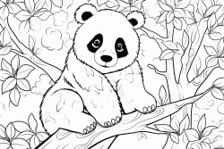 panda with hearts all around sitting on a branch with branches and leaves