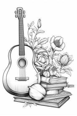 realistic artistic still life with volume that contains a guitar and a vase with tulipans