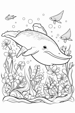 cute whale in water with flowers and butterflys