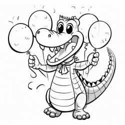 an alligator holding balloons