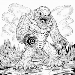 a monster made of lava shooting a lava minigun