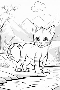 cute little cat walking in a froest with river at the side