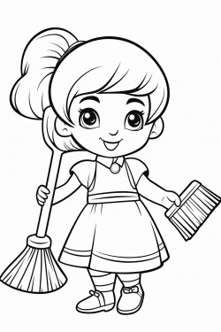 cute dwarf woman clean the dust with a feather duster