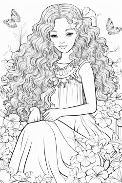 mixedrace girl with long curly hair sitting in the forest with a flowy dress and lots of flowers