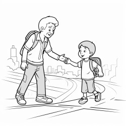 a 3 year old boy helping an old man to cross the road