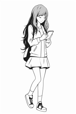 a black line drawing of a girl teenager holding her phone suitable for a coloring book no background no color