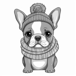 grey angrey and white french bulldog puppy with a grey and pink woolen hat and a pink woolen collar