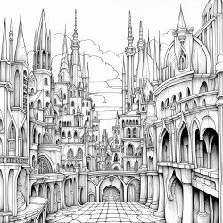 a gothic city with towering spires shadowy streets and dark intricate architecture