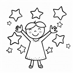 simple line drawing of a character with arms raised stars around them