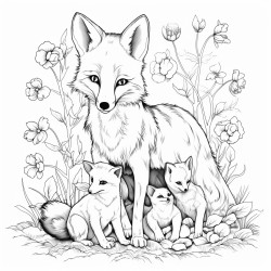 wild fox and its babies under a tree