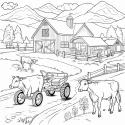 farm with a cow horse sheep and a tractor