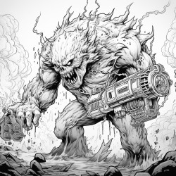 monster made of lava shooting a lava minigun