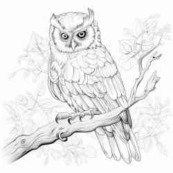 coloring page owl perched on a tree branch with leaves around no shading high details thick lines
