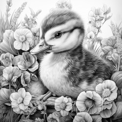a cottagecore scene with ducklings with flowers on their head and strawberries