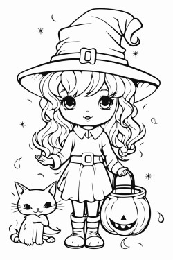 adorable witch with a cat and cauldron