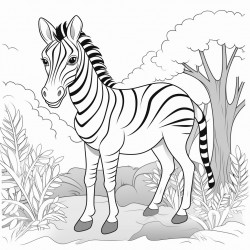black and white coloring book drawing only thick outlines no grayscale for kids cartoon style zebra forest