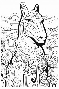 horse in hawaii next to totem poles