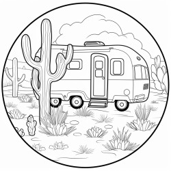 a caravan surrounded by cactus trees