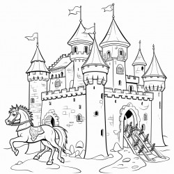 a medieval castle with knights and a dragon