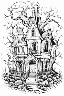 a haunted house with creepy trees