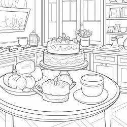 a kitchen with a cake dish on the counter