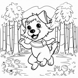 a dog dancing in the forest with music notes