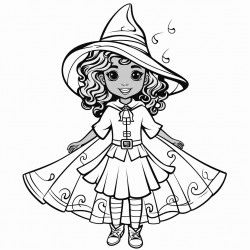 line drawing of 10 or 12 year old srilankan girl wearing witch costume