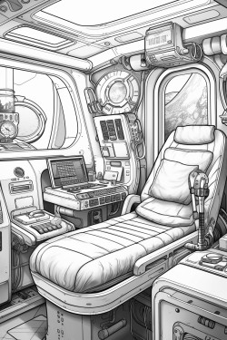 space ship cabin c bed with screens with desk space futuristic detail coloring book