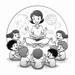 teacher helping a kindergarteners in circle time the space includes learning tools like books puzzles and pencils