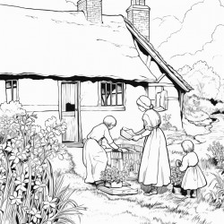 mother with 5 children weeding a garden in an old english countryside next to cobbled cottage with thatched roof