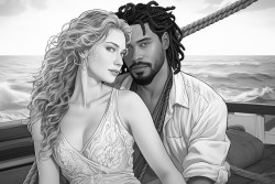one black man with dreads holding a white woman with blondebrown hair on a boat with the sea in the back