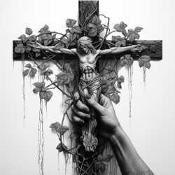 ivy wrapping around a thick wooden cross with a female hand coming up from bottom with a red rose
