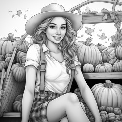 adult woman in jeans and check shirt sitting on a hay wagon which ist loaded with different pumpkins anime style