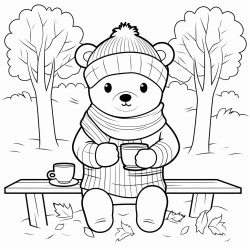 a cartoon bear wearing a scarf drinking a hot cup of coffee while sitting on a bench in the park with fall leaves all around