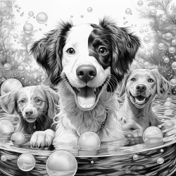 dogs playing with owner surrounded by bubbles