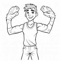 a human man with a regular human body but replace his arms with dinosaur arms