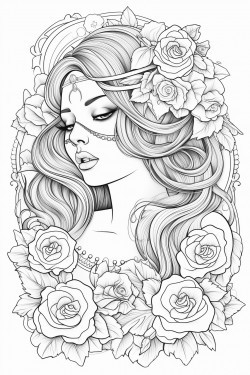 a gothic glamorous girl in gorgeous hair styles with skulls and flowers as jewelry or props