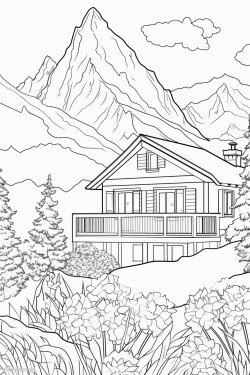 flacon on the sky n background switzerland landscape with a quaint stone house surrounded by flowers