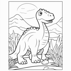 create a blackandwhite a4 coloring book with single dinosaurs and simple colorable vegetation in portrait format
