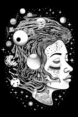 a face that has planets coming out of the top of the head