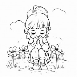 a girl crying big tears standing on grass with flowers