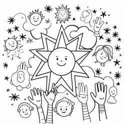 illustrate the creation story with animals plants sun moon and stars all surrounded by gods loving hands