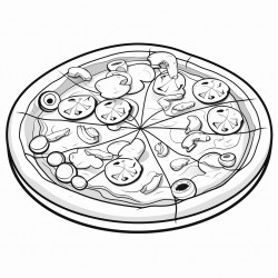 black and white coloring book drawing only thick outlines no grayscale for children in cartoon style pizza with toppings