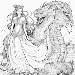 vintage fairy tale scene with a dragon and a woman wearing a crown looking like a dragon long dress with a veil