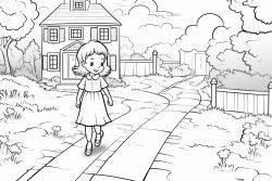 a little girl wearing a dress standing near a house with a garden path leading to the woods
