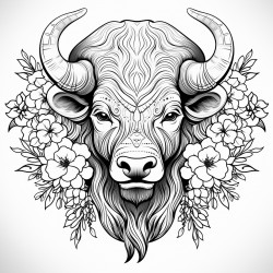 bison front pose highly detailed black outline mandalas theme floral elements no grayscale epic illustration masterpiece