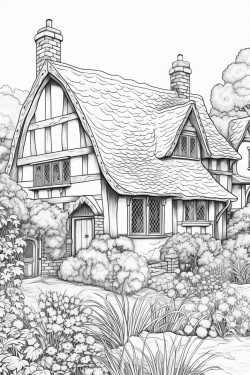 realistic english country cottage covered in flowers