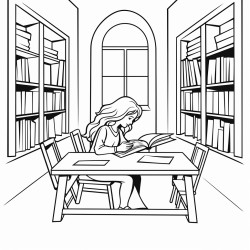 a girl studing theology in a library under a table