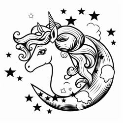 a unicorn with a starry mane and tail floating on a crescent moon
