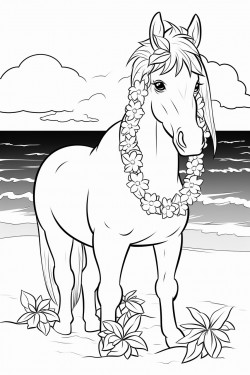 horse on beach with hawaiin leis